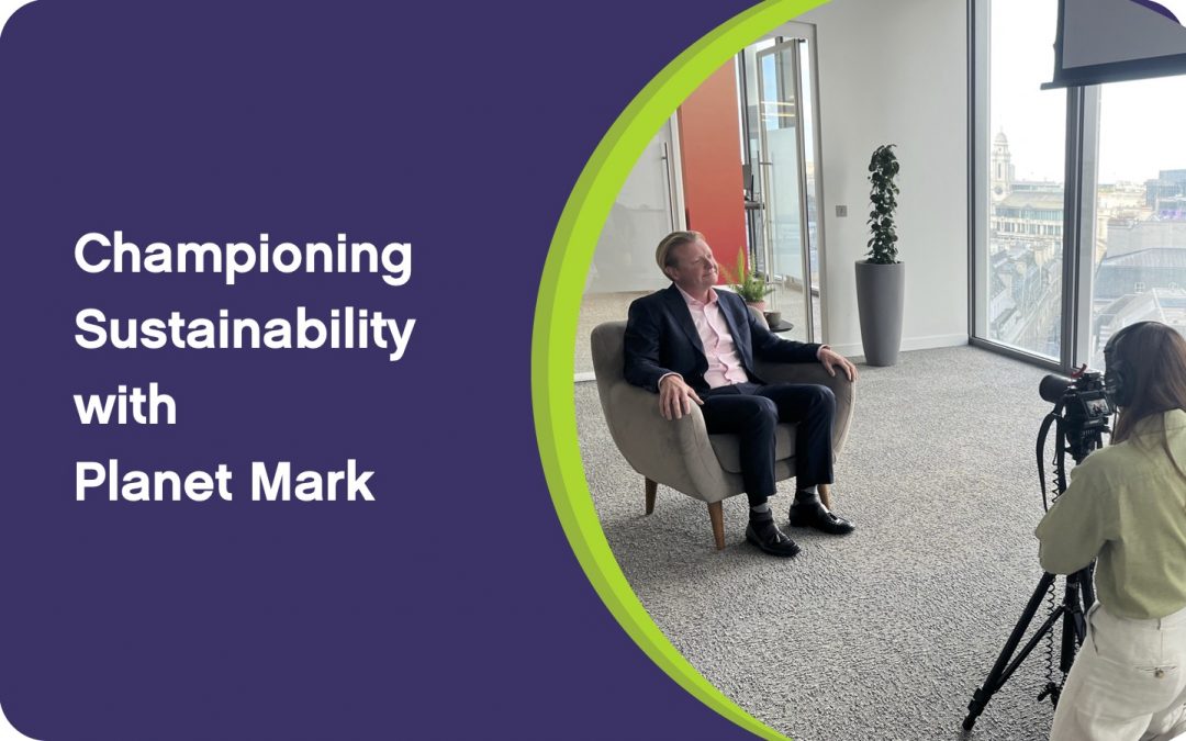 Blog cover with title text 'Championing Sustainability with Planet Mark' and inset image of Adam Thompson